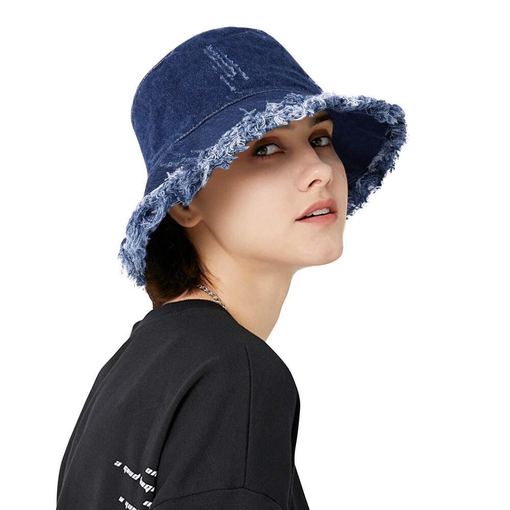 1362 Denim Bucket Hat Blue Jean Frayed Edge Fisherman Hats Packable All